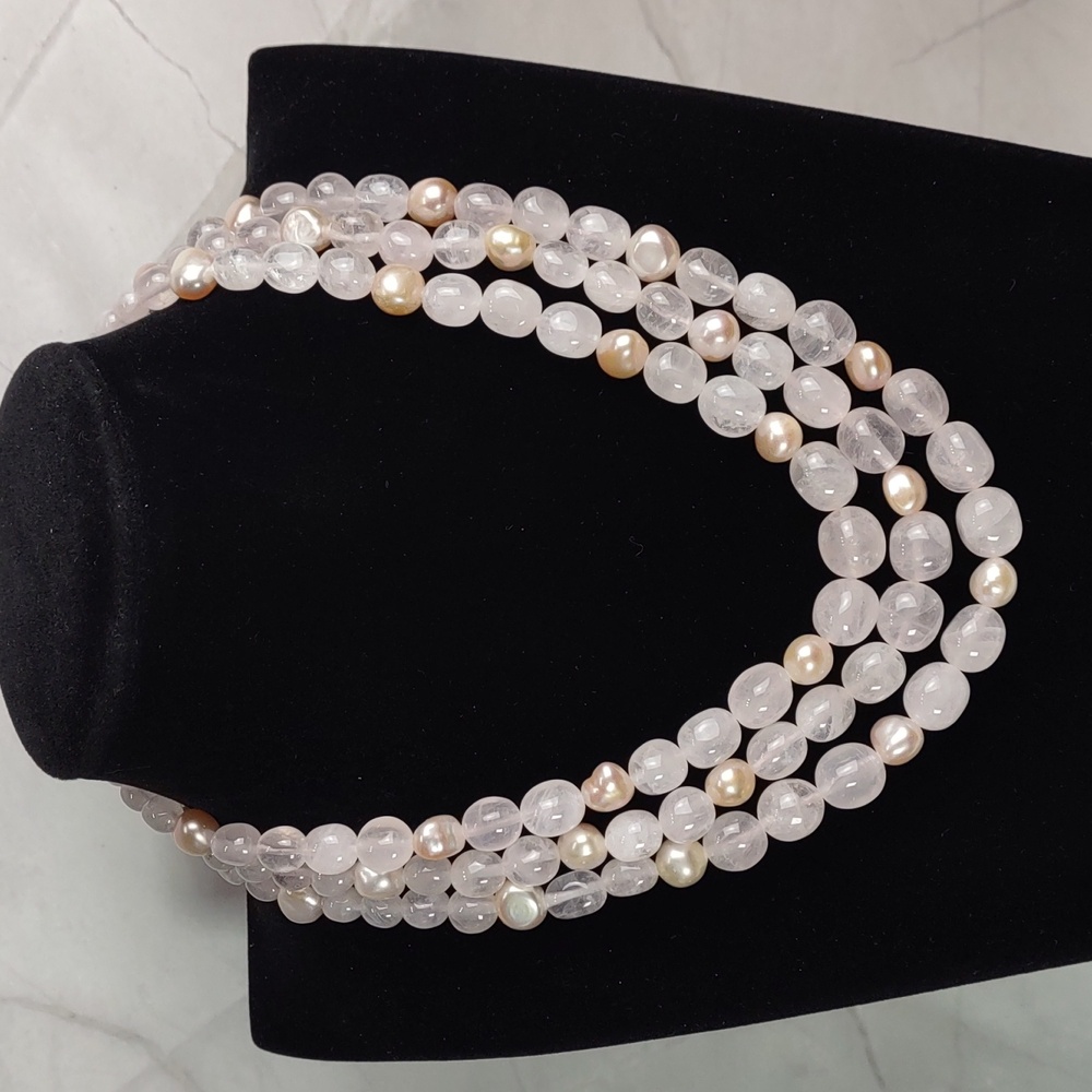 CGI Rose Quartz/Freshwater Pink Pearl 3 Strand Layered Necklace